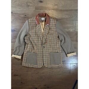 Steve Madden Mixed Media Houndstooth Plaid Blazer Faux Leather Collar BN32124R L